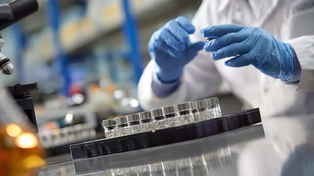 Medium shot of technician carefully extracting alloy samples from batch for precise quality control analysis in industrial setting