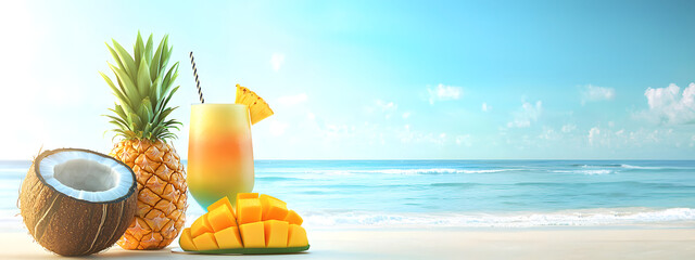 A bright tropical cocktail sits next to a coconut, pineapple, and mango on the beach against the backdrop of the ocean and sunny sky, creating a summer advertising banner with copy space