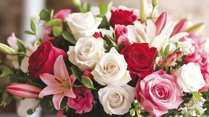 Vibrant bouquet of roses and lilies in close-up view, with a blurred background