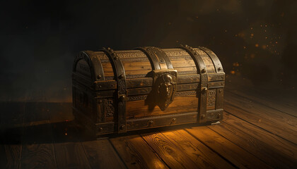 Ancient Treasure Chest On Wooden Floor With Warm Light, Ornate Metal Bands, and Mystery.