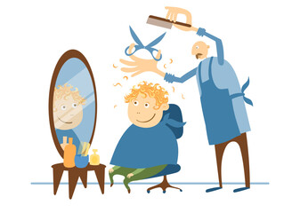 A barber giving a haircut to a smiling red-haired curly boy at the salon. Flat cartoon vector illustration.