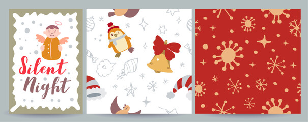 Vector set including 1 Christmas social media greeting card and 2 seamless holiday patterns with doodles. Festive, cozy and versatile for posts, banners, gift wrap, prints, textiles and seasonal desig