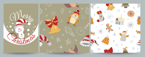 Vector set including 1 Christmas social media greeting card and 2 seamless holiday patterns with doodles. Festive, cozy and versatile for posts, banners, gift wrap, prints, textiles and seasonal desig