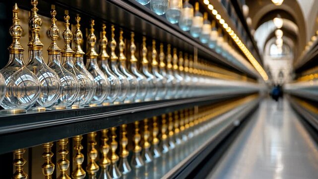 Glistening bottles line the shelves, creating a stunning visual effect with their elegant shapes and colors