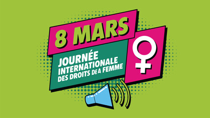 French language banner celebrating International Womens Day with a megaphone and female symbol