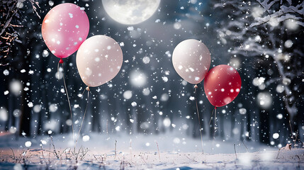 Colorful inflatable balloons lie in a snowy meadow among snow-covered trees against a deep night sky during falling snow, creating an atmosphere of winter wonderland, celebration, and visual contrast