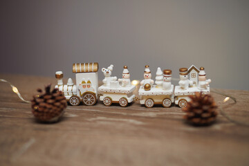Christmas toy train with snowmen figurines