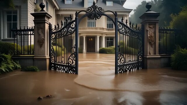 Muddy floodwaters submerge the driveway entrance of a classical luxury mansion, rushing violently through ornate wrought iron gates under gloomy, overcast daylight.