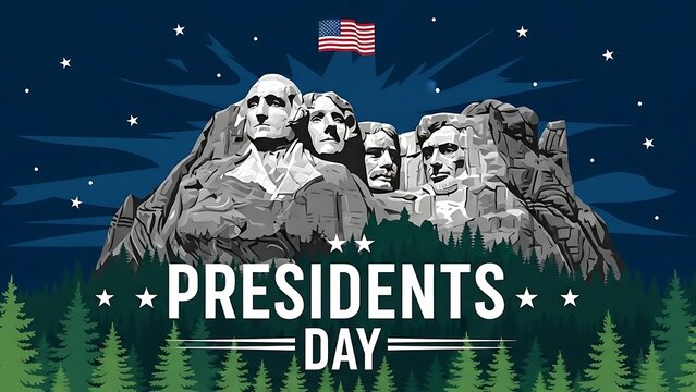 Presidents day illustration featuring mount rushmore and american flag