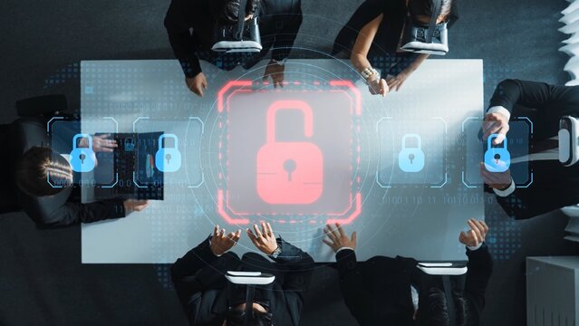 A diverse business team focused on enhancing cybersecurity strategies, surrounded by modern technology and a digital lock symbolizing security during a crucial meeting. Raster - Powered by Adobe