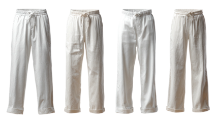 Four pairs of white trousers, with waist ties, cuffs