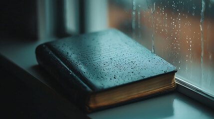 A book is sitting on a window sill