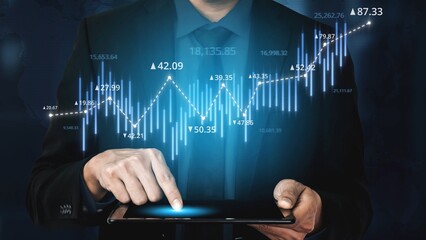 Stock market analysis with candlestick chart and price movement trend line, highlighting global financial trends, stock trading, and investment strategy insights Marrow