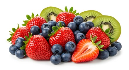 Obraz premium Fresh mixed berries and sliced kiwi fruit isolated on white background