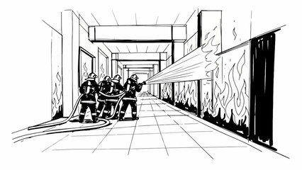 Firefighters bravely battle a blazing inferno in a building hallway, actively suppressing flames and ensuring public safety during a critical emergency response