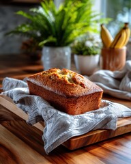 Freshly baked banana bread loaf on rustic wood