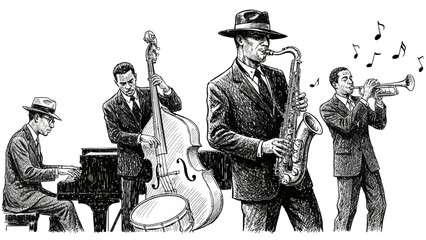 Dynamic illustration of a classic jazz quartet performing soulful melodies, featuring musicians playing piano, saxophone, double bass, and trumpet in a vintage style © dale