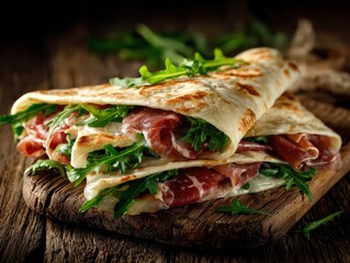 Piadina romagnola with prosciutto, arugula, and cheese