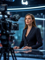 Professional female news anchor in dark blazer sitting at a high-tech television studio desk with a broadcasting camera in the foreground. Modern media journalism and newsroom concept.