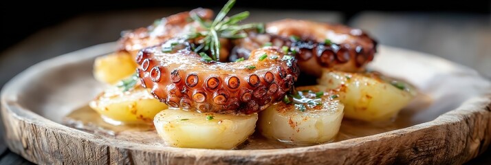 Pulpo a la gallega serving with potatoes and rosemary