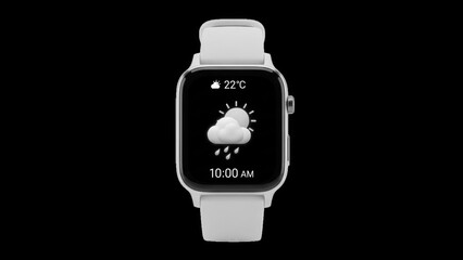 White smartwatch displaying weather and time on black background