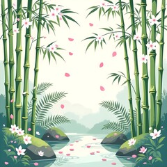Bamboo Garden Illustration for Bedsheet Print