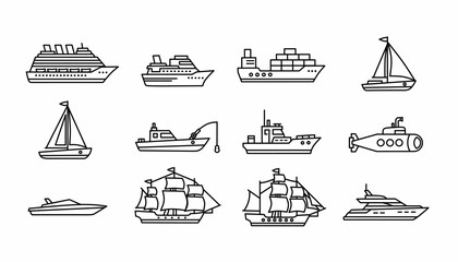 Ship and marine transportation icon set, including cruise liner, cargo container ship, sailboat, yacht, fishing boat, submarine, and vintage sailing vessel © Spesial