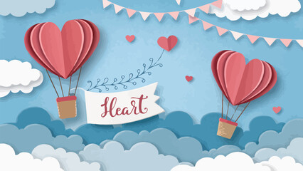 Whimsical heart shaped hot air balloons floating gently in sky