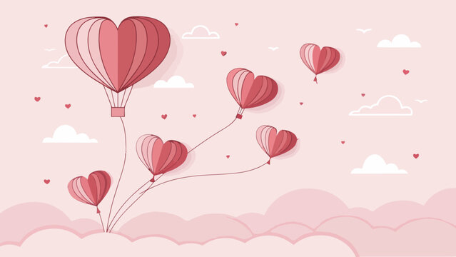 Whimsical heart shaped hot air balloons floating gently in pink sky