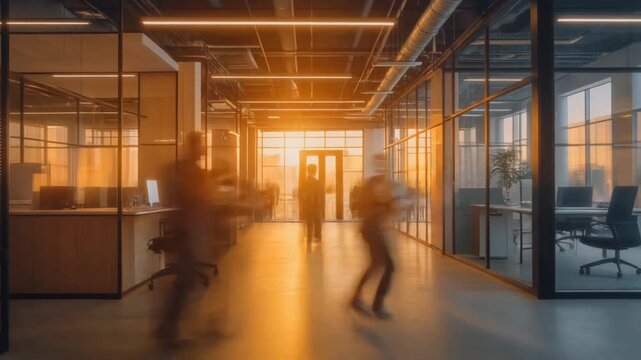 Silhouettes of business professionals rushing through a modern corporate office corridor at sunset, captured with dramatic motion blur and atmospheric golden hour backlighting.
