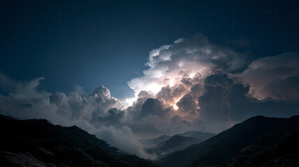 Dramatic dark storm clouds with bright lightning streaks illuminating the sky, capturing intense weather energy and dynamic atmospheric tension.
