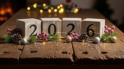 New year 2026 celebration with wooden blocks and christmas decorations