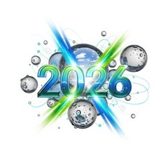 Happy new year 2026 celebration with globe and bubbles