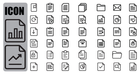 Document and File Management Icon Set, Minimalist Line Art Vector Icons for Business Reports and Data Analysis