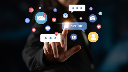 Multiple social media icons, likes, messages, and notifications representing online interaction, engagement, and digital communication Parse