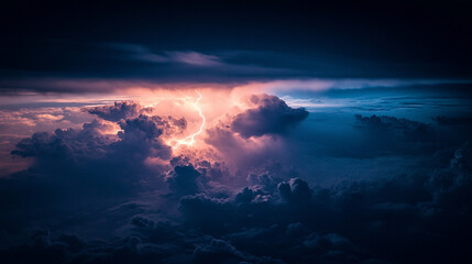 Naklejka premium Dramatic dark storm clouds with bright lightning streaks illuminating the sky, capturing intense weather energy and dynamic atmospheric tension. 