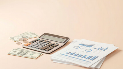 Financial planning and accounting concept with calculator money and reports.