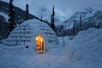 Small igloo standing in a snowy valley surrounded by mountains is emanating a warm light from its entrance