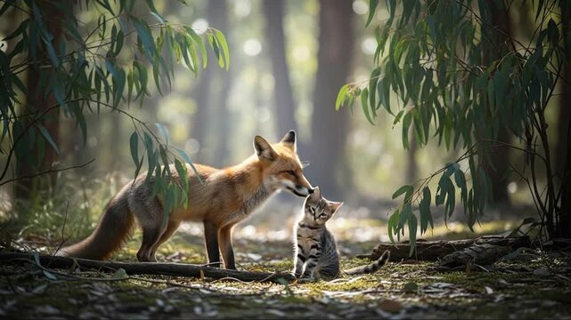 Fox and Kitten Interact in Enchanted Forest, Friendship Concept