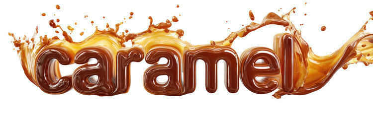 Caramel" text with liquid spills