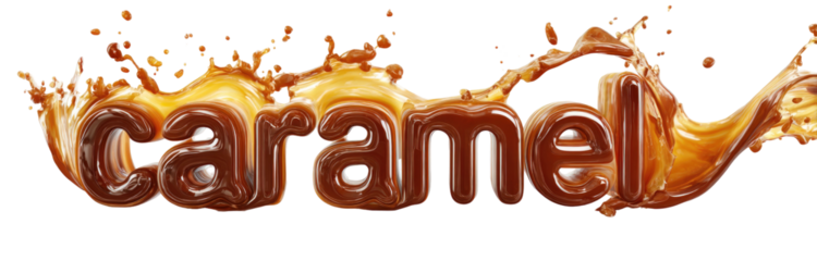 Caramel" text with liquid spills