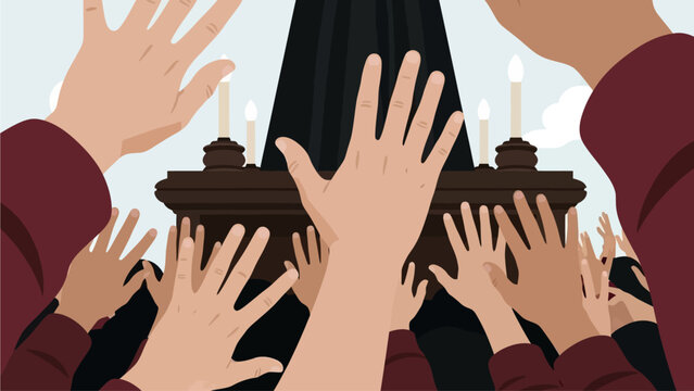 This flat design artwork focuses on the outstretched hands of a devotee during the Feast of the Black Nazarene, symbolizing intense faith and the desire for spiritual connection. 