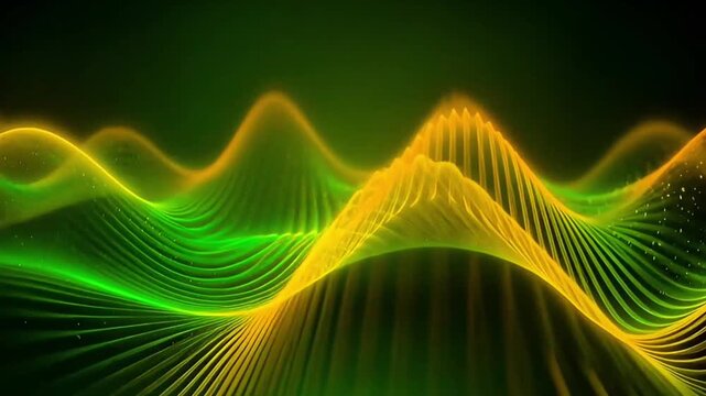 Glowing green and yellow energy waves with particles creating dynamic abstract landscape