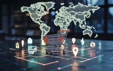 Worldwide online shopping concept represented by a miniature shopping cart on a digital map