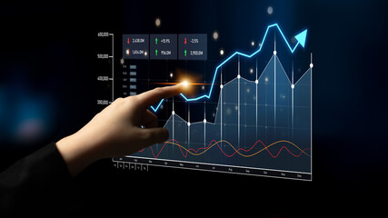 A business professional interacts with a digital screen displaying financial data graphs. The image illustrates growth trends and analytical insights in a modern office setting. Scalp