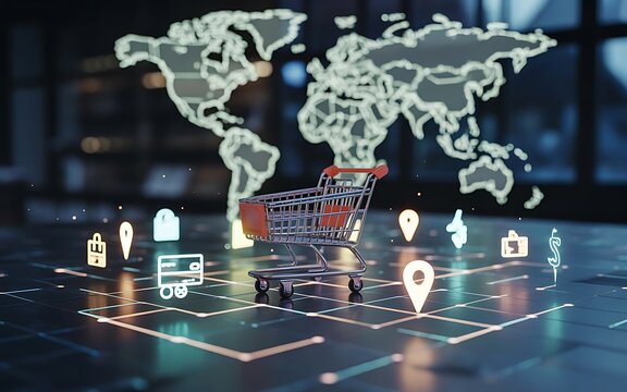 Worldwide online shopping concept represented by a miniature shopping cart on a digital map - Powered by Adobe