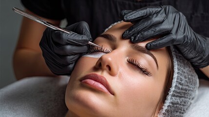 Beautician applying eyelash extensions with tweezers to young woman lying with closed eyes in beauty salon