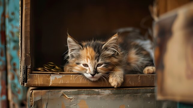 a weak calico kitten with patchy fur resting in a cardboard box.