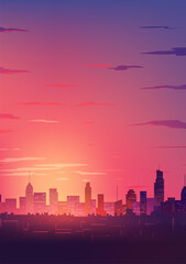 Fototapeta premium Hand painted vertical landscape illustration of a city at sunset or sunrise