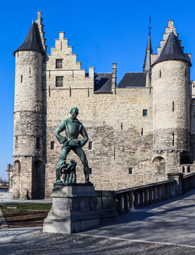 Antwerp, Belgium - March 3, 2023: Medieval fortification Het Steen, The stone. Historic old center of the city. Travel photo